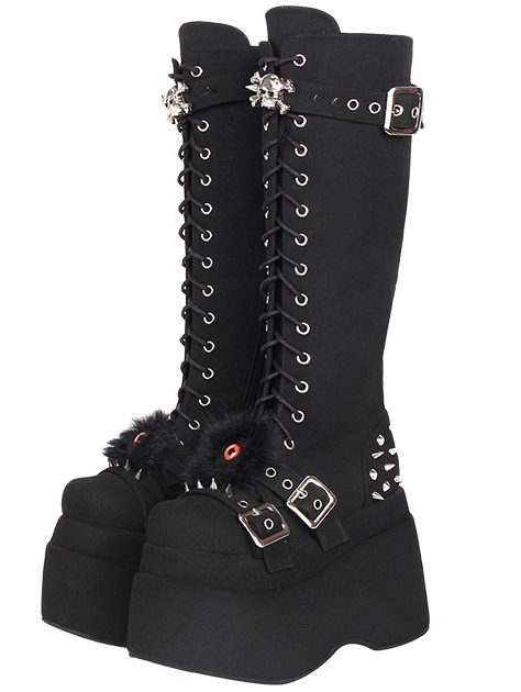 Black Gothic Punk Skull Buckle Platform Knee Boots