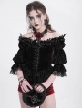 Black and Red Gothic Off-Shoulder Flower Feather Velvet Top for Women