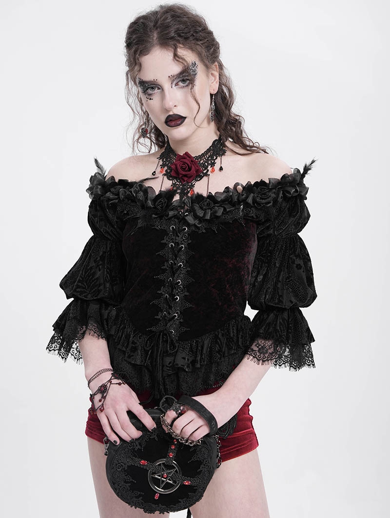 Black and Red Gothic Off-Shoulder Flower Feather Velvet Top for Women