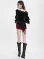 Black and Red Gothic Off-Shoulder Flower Feather Velvet Top for Women