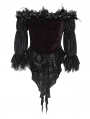 Black and Red Gothic Off-Shoulder Flower Feather Velvet Top for Women