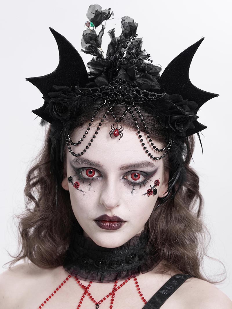 Black Gothic Bat Wing Rose Feather Beaded Headdress