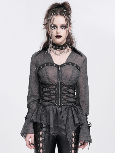 Grey Gothic Sheer Lace-Up Lapel Shirt for Women