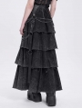 Black Gothic Punk Distressed Strap Layered Ruffle Maxi Skirt