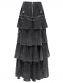Black Gothic Punk Distressed Strap Layered Ruffle Maxi Skirt
