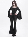 Black Retro Gothic Beaded Ruched Lace Applique Bell Sleeve Top for Women