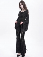 Black Retro Gothic Beaded Ruched Lace Applique Bell Sleeve Top for Women