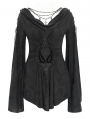 Black Retro Gothic Beaded Ruched Lace Applique Bell Sleeve Top for Women
