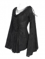 Black Retro Gothic Beaded Ruched Lace Applique Bell Sleeve Top for Women