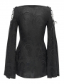 Black Retro Gothic Beaded Ruched Lace Applique Bell Sleeve Top for Women
