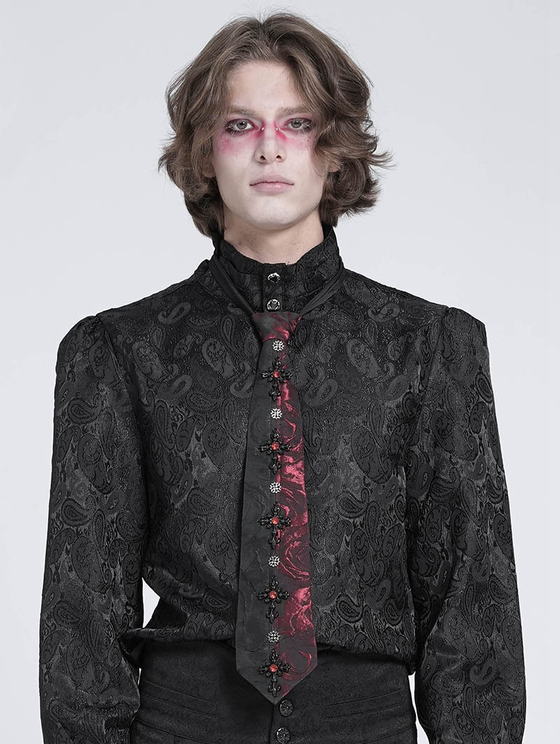 Black and Red Gothic Rose Pattern Cross Necktie for Men