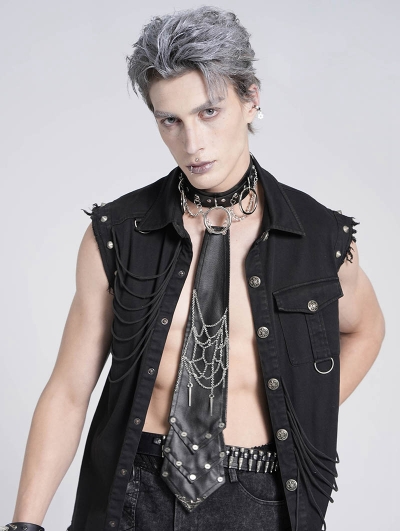 Black Gothic Punk Studded Spider Web Chain Necktie for Men