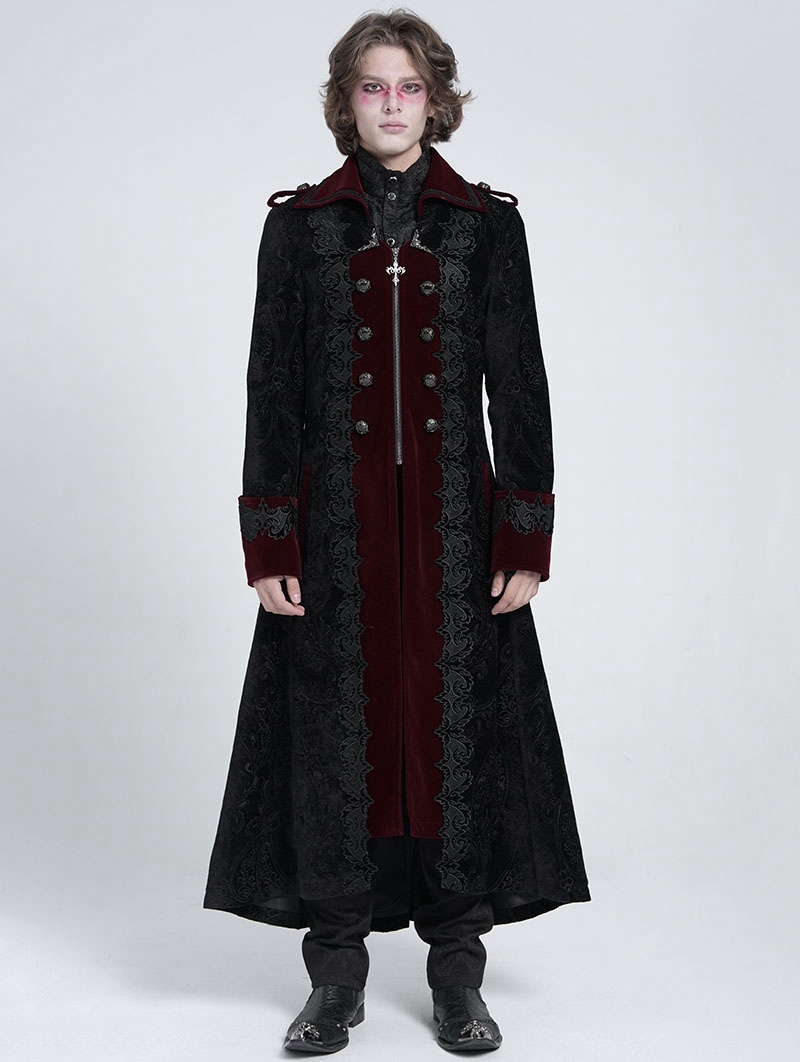 Black and Red Gothic Vintage Double-Breasted Long Velvet Party Coat for Men