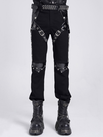 Black Gothic Punk Studded Faux Leather Splicing Pants for Men