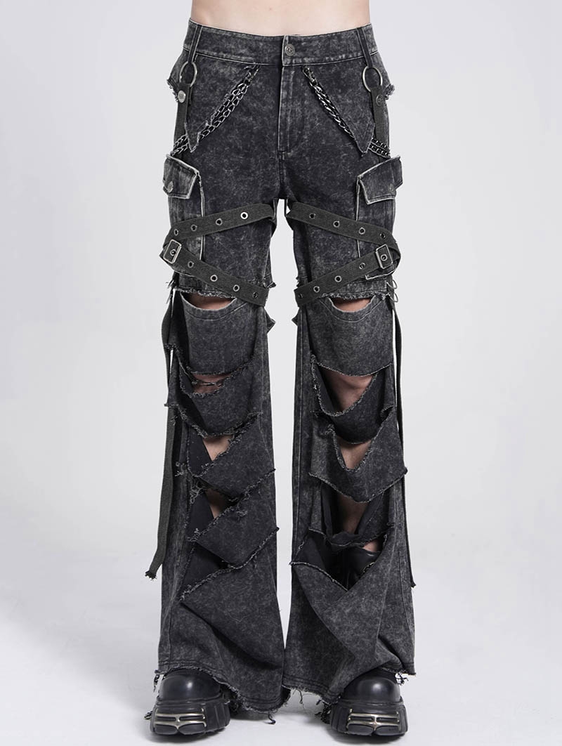 Gray Gothic Punk Decadent Ripped Baggy Wide Leg Pants for Men