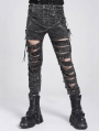 Gray Gothic Punk Studded Ripped Cross Chain Slim Pants for Men