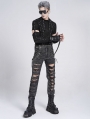 Gray Gothic Punk Studded Ripped Cross Chain Slim Pants for Men