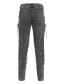 Gray Gothic Punk Studded Ripped Cross Chain Slim Pants for Men
