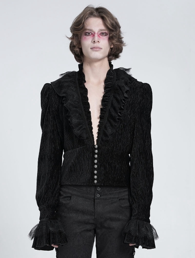 Black Gothic Vintage Ruffle Trim Deep V-Neck Shirt for Men