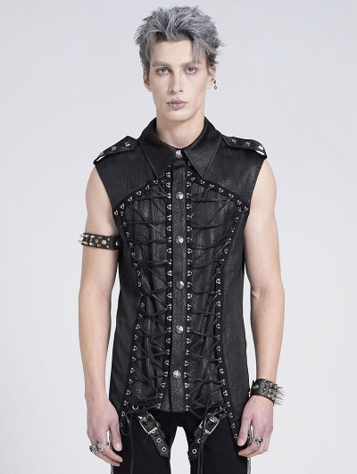 Black Gothic Punk Crossover Lace Up Sleeveless Shirt for Men