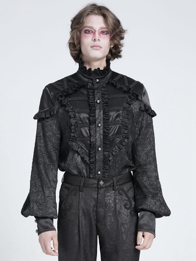 Black Gothic Retro Ruffle Button-Up Long Sleeve Shirt for Men