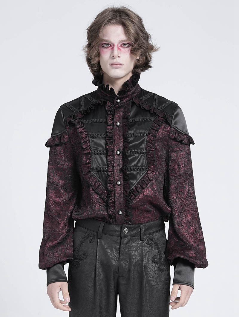 Red Gothic Retro Ruffle Button-Up Long Sleeve Shirt for Men