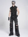 Black Gothic Punk Studded Distressed Sleeveless Shirt for Men