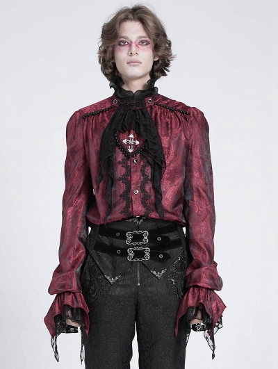 Red Retro Gothic Victorian Vampire Ruffle Long Sleeve Shirt for Men