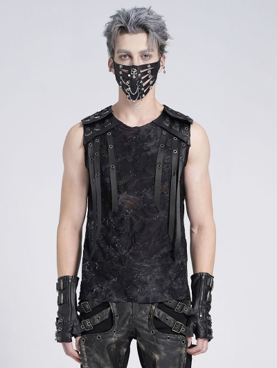 Black Gothic Punk Decadent Eyelet Strap Sleeveless T-Shirt for Men