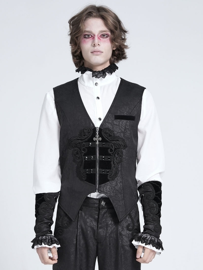 Black Gothic Vintage Patterned Zip Front Waistcoat for Men
