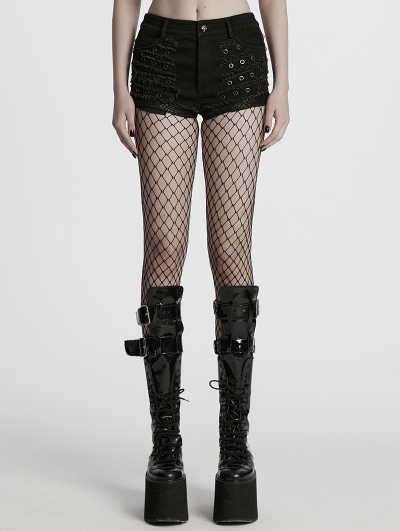 Black Gothic Punk Decadent Eyelet Decor Shorts for Women