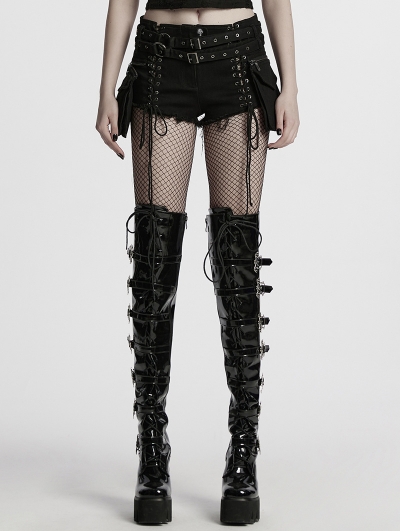 Black Gothic Punk 3D Pockets Denim Hollow Shorts for Women