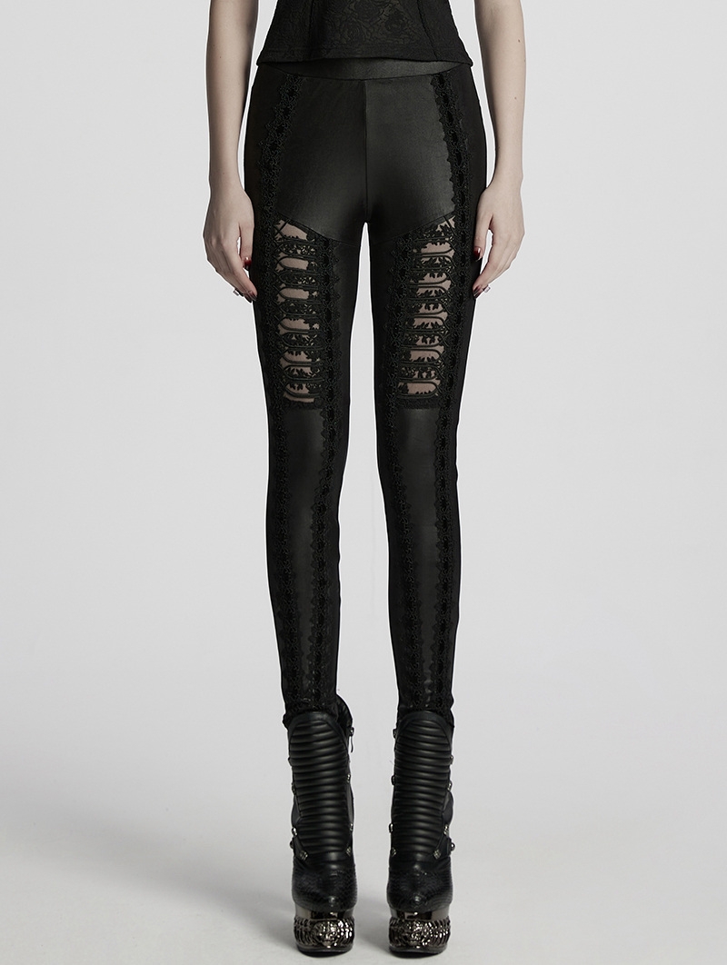 Black Gothic Perspective Lace Appliqued Leggings for Women