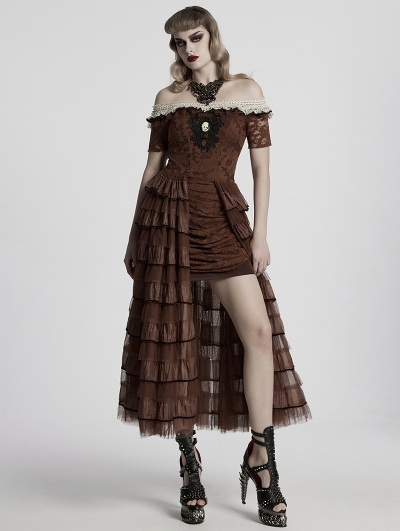 Coffee Gothic Steampunk Lace Retro Off-the-Shoulder Dress
