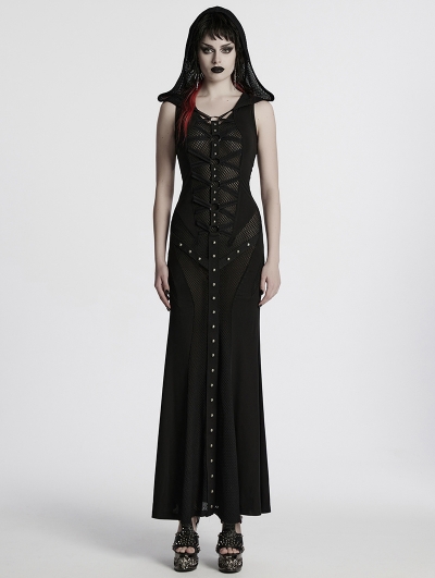 Black Sexy Gothic Punk Hooded Sleeveless Long Fishtail Dress