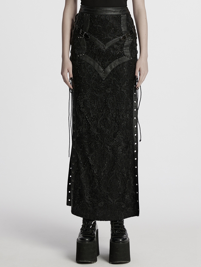 Black Sexy Gothic Embroidered Lace Pattern Side Slit Long Skirt