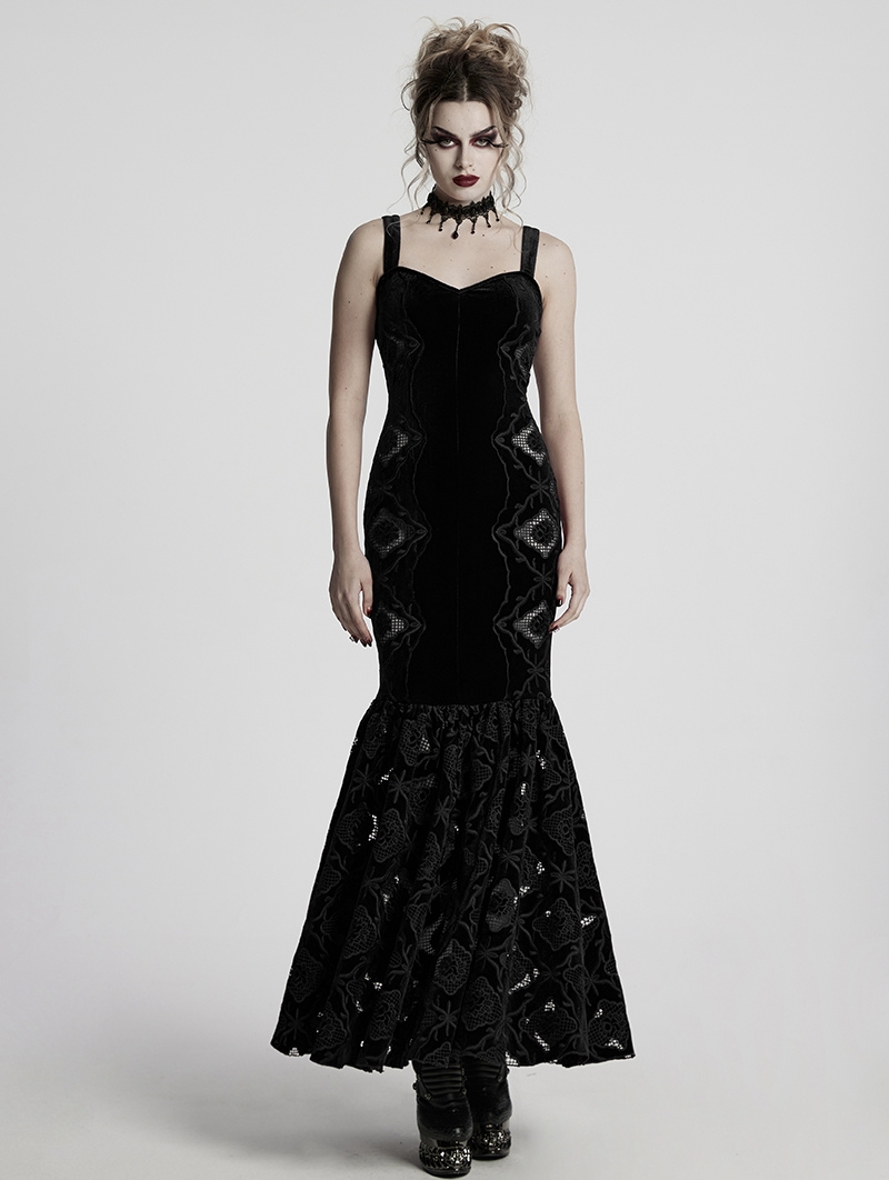 Black Gothic Retro Velvet Embroidered Long Fishtail Party Dress