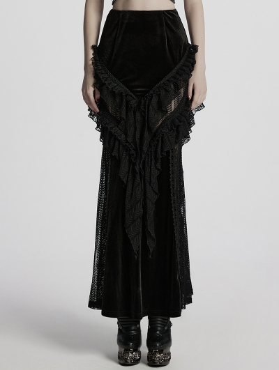 Black Gothic Lace Mesh Splicing Long Fishtail Velvet Skirt
