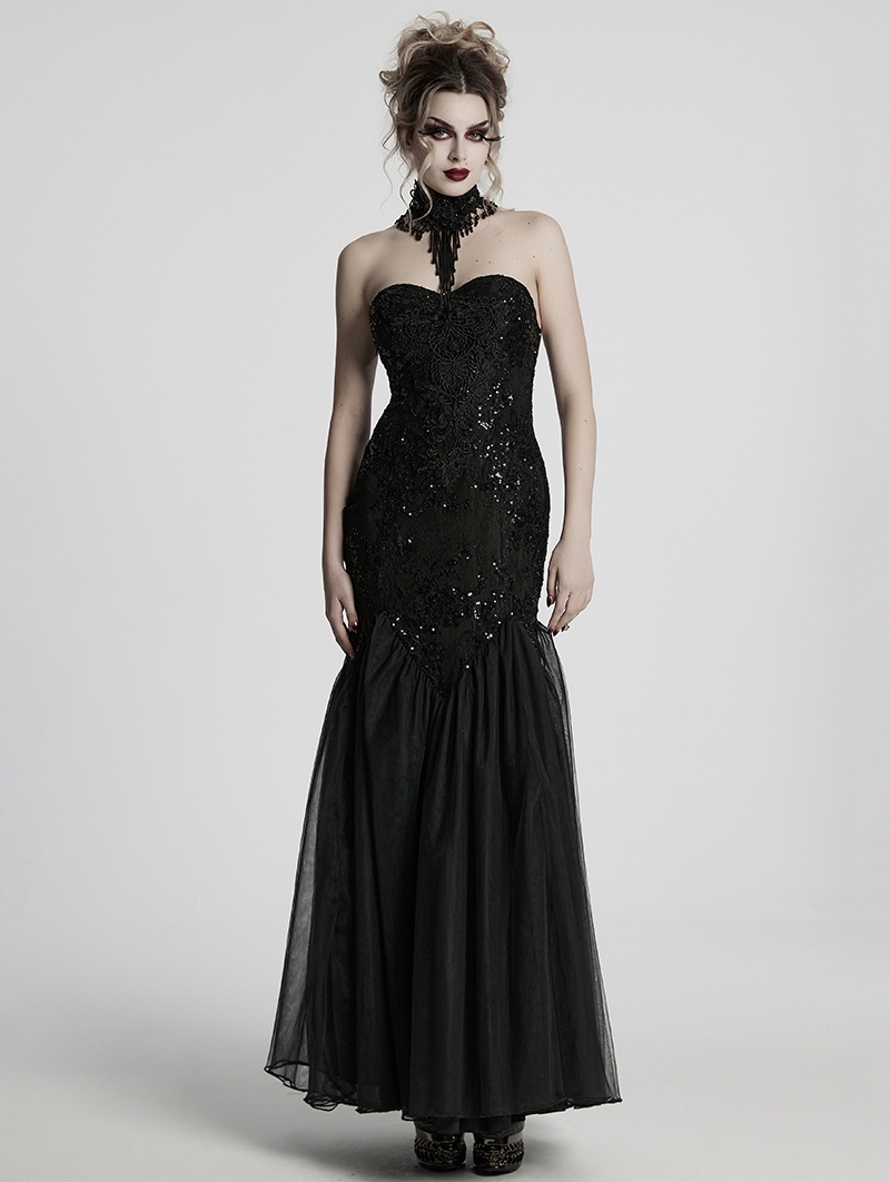 Black Gothic Glamorous Sequin Floral Lace Mermaid Party Dress