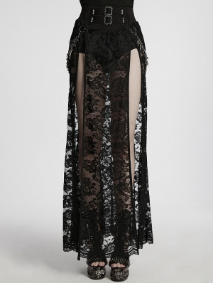 Black Sexy Gothic Lace Split Skirt with Detachable Spiked Chain