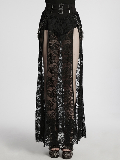 Black Sexy Gothic Lace Split Skirt with Detachable Spiked Chain