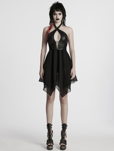 Black Sexy Gothic Punk Hollow Out Cross Halter Neck Short Dress