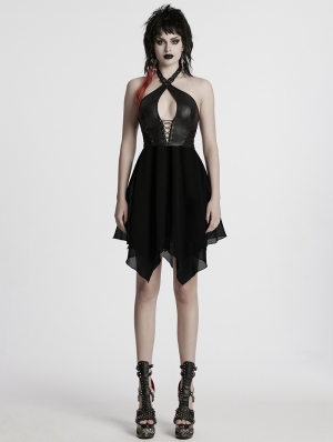 Black Sexy Gothic Punk Hollow Out Cross Halter Neck Short Dress