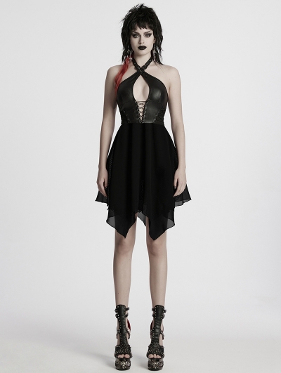 Black Sexy Gothic Punk Hollow Out Cross Halter Neck Short Dress