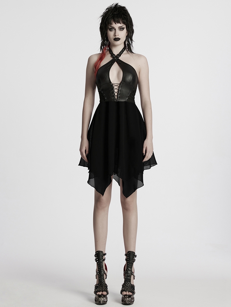 Black Sexy Gothic Punk Hollow Out Cross Halter Neck Short Dress