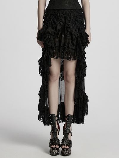 Black Gothic Retro Irregular Lace Ruffled High-Low Skirt