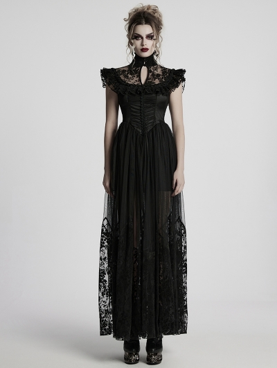 Black Gothic Flocking Mesh Spliced Flutter Sleeve Long Party Dress