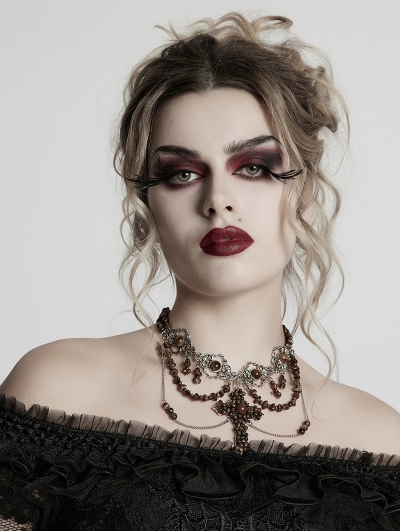 Coffee Steampunk Gothic Beaded Cross Pendant Necklace