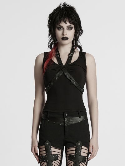 Black Gothic Punk Cross Loop Vest Top for Women