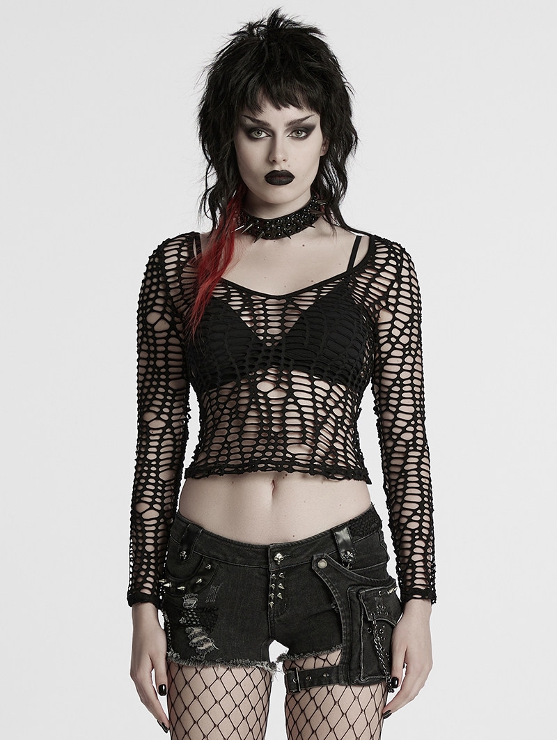 Black Gothic Sexy Mesh Long Sleeve T-Shirt for Women
